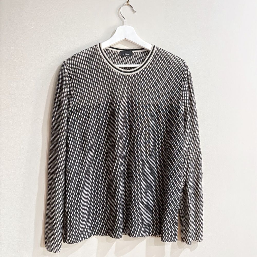 Akris Cashmere Silk Knit Top US 16 Black/Ivory Long Sleeve Sweater Geometric